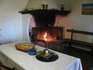 a table with a basket of fruit and a fireplace at Agriturismo Santa Caterina in Castelnuovo di Val di Cecina