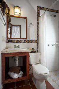 a bathroom with a toilet and a sink and a mirror at Hotel de Campiña in Tapalpa
