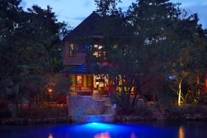 a house with christmas lights on the front of it at GoldenEye in Oracabessa