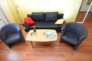 オストゼーバート・ゼリンにあるVilla Seerose - Appartement 15のリビングルーム(黒いソファ、椅子2脚付)