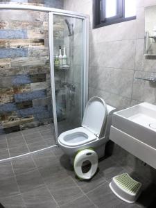 a bathroom with a toilet and a shower and a sink at 23 Here B&B in Hualien City