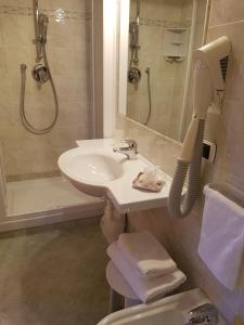 a bathroom with a sink and a blow dryer at Hotel Ciampian in Moena