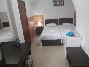 a bedroom with a large bed and a mirror at Marina's Rooms in Larnaca
