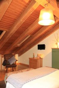 ein Schlafzimmer mit einem Bett, einem Fernseher und einem Stuhl in der Unterkunft La Aguilerina Apartamentos Rurales in Oviñana