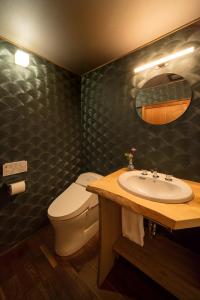 a bathroom with a sink and a toilet and a mirror at Fujinoma Machiya House in Kyoto +28 photos