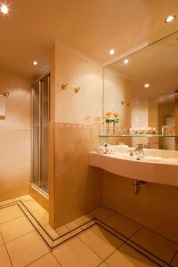 La salle de bains est pourvue d'un lavabo et d'une douche. dans l'établissement Vital Hotel Westfalen Therme Wellness Resort & SPA, à Bad Lippspringe
