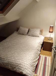 een slaapkamer met een bed en een tafel met een lamp bij Charmant duplex à 200m de la cathédrale in Luik