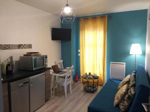 a living room with a couch and a kitchen at Les Meublés de Luchon - La Perle Bleue - Centre Luchon, Beau T2, 2 à 4 personnes, Wifi in Luchon
