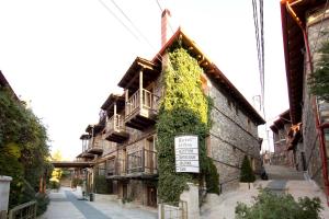 un edificio con hiedra creciendo a su lado en Chalet Lithos en Palaios Agios Athanasios