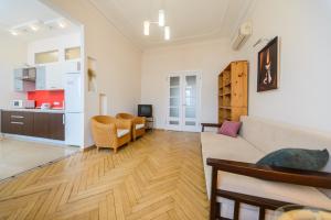 キーウにあるApartments on Khreschatyk 27のソファとキッチンのあるリビングルーム +6枚の写真