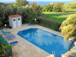 una piscina en un patio con 2 sillas azules en Socrates Apartments en Polis Chrysochous