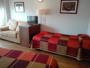 sala de estar con sofá y cama en Hostal Patrón, en Castañares de Rioja