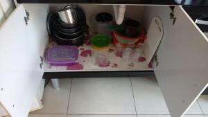 un armario lleno de platos sucios en Chales Ilhabela ll, en Ilhabela