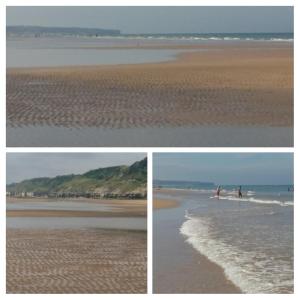 three pictures of a beach with people walking in the water at Claude et Astrid in Tour-en-Bessin