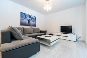 a living room filled with furniture and a tv at Apartamenty Sun & Ski Willa Leśny Dom in Karpacz