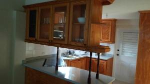 a kitchen with wooden cabinets and a counter top at Breezy Apts in Saint Philip