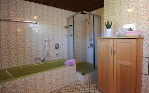 a bathroom with a green tub and a shower at Ferienwohnung Zeck in Bad Staffelstein