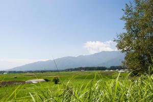 een grasveld met bergen op de achtergrond bij Aiwa no Mori Hotel in Ina
