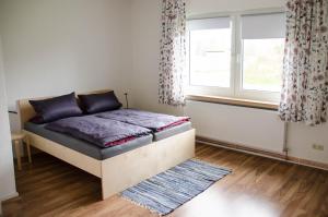 a bedroom with a bed and a window and a rug at Ferienwohnung 1 Wildgans in Sagard