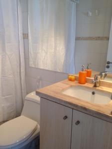 a bathroom with a sink and a toilet and a mirror at Departamento en Valparaíso in Valparaíso