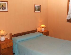 a bedroom with a blue bed and two night stands at Hostería Las Gemelas in Capilla del Monte