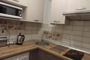 a kitchen with a sink and a microwave at The Best Location Accommodation in Bucharest