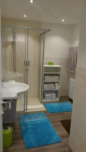 a bathroom with a sink and a shower and blue mats at Ferienwohnung Sailer in Fügen