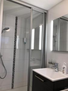 ein Bad mit einer Dusche, einem Waschbecken und einer Dusche in der Unterkunft Gästehaus Alwin Diebold - 5 Gehminuten zum Europapark in Rust