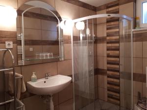 a bathroom with a sink and a shower at Mini Vendégház Budaörs in Budaörs