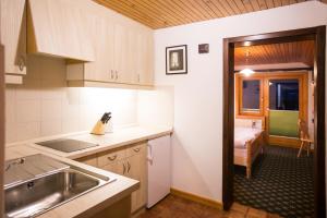 a kitchen with a sink and a bed in a room at Apartments Dolar in Bled