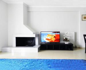 Una sala de estar con televisión y chimenea. en Villa Nafplio, en Nauplia