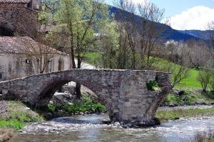 an old stone bridge over a river in a village at Casa Antonia in Vilaller