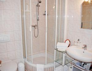 un bagno con doccia e lavandino di Ferienappartements Gaude Stuv a Ostseebad Sellin