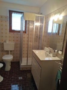 een badkamer met een toilet, een wastafel en een douche bij Ferienwohnungen am Lift 2 in Sankt Jakob in Haus