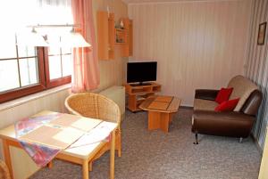 ein Wohnzimmer mit einem Stuhl und einem TV in der Unterkunft Ferienwohnung an der Deichwiese in Lobbe