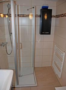 a shower with a glass door in a bathroom at Ferienwohnungen am Heideweg in Baabe +21 photos