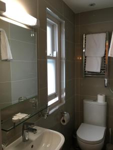 uma casa de banho com um WC, um lavatório e um espelho. em Albro House Hotel em Londres