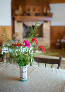 un vase rempli de fleurs assis sur une table dans l'établissement Violet, à Rab