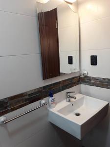 La salle de bains est pourvue d'un lavabo blanc et d'un miroir. dans l'établissement Los Cardenales, à Santa Ana