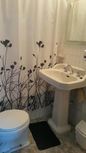 a bathroom with a sink and a toilet and a shower curtain at Departamento Viña del Mar Rapa Nui in Viña del Mar