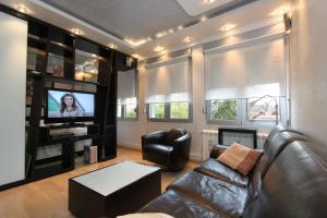 uma sala de estar com um sofá de couro e uma televisão em Business & Travel Apartments em Belgrado
