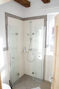 a bathroom with a shower with a glass shower stall at Ferienwohnung Oma Else in Offenheim