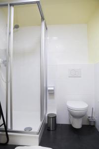 a white bathroom with a shower and a toilet at Charlotte House Heidelberg in Dossenheim +1 photo