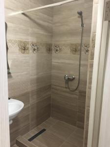 a bathroom with a shower with a toilet and a sink at Private House in Berehove