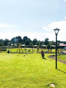 a park with a light pole in the grass at Casa en Pucón in Pucón