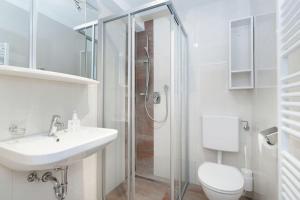 een badkamer met douche, wastafel en toilet bij MH Appartement Hochwimmer in Saalbach Hinterglemm +54 foto's