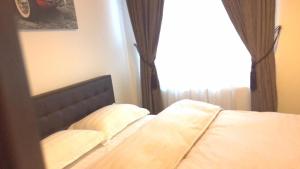 een bed met 2 kussens en een raam bij Apartament Ella in Rîşnov +4 foto's