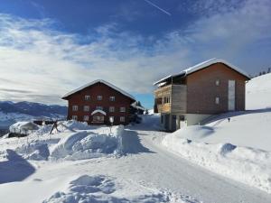 ein paar Gebäude im Schnee in der Unterkunft Ferienhof Feurle in Sulzberg