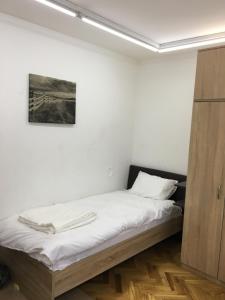 - un lit dans une chambre avec une photo sur le mur dans l'établissement Apartment Centar, à Novi Pazar