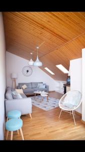 - un salon avec un canapé et un plafond en bois dans l'établissement Atico Jaca Oroel, à Jaca